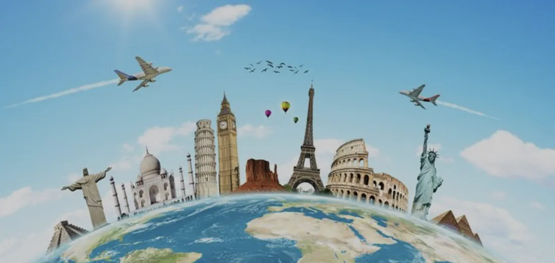Illustration of the world's landmarks on a globe with airplanes