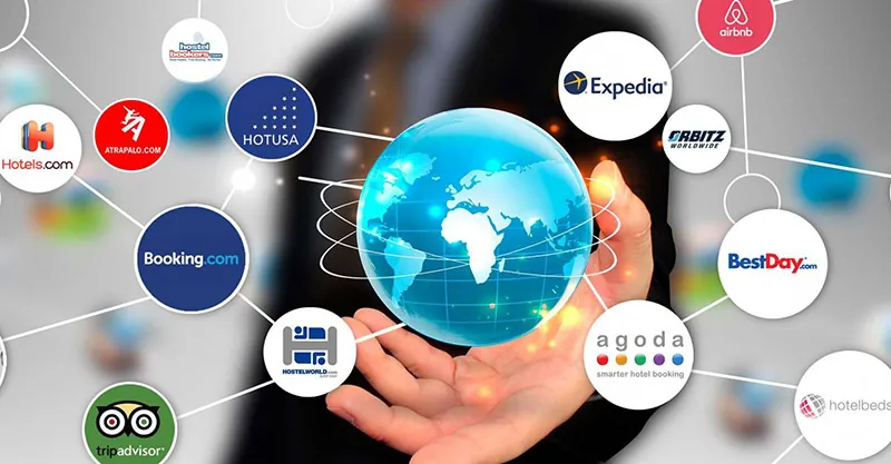 Globe surrounded by online travel agency and booking platform logos